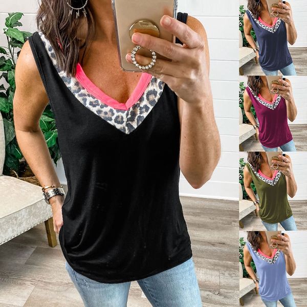 women new spring summer solid v-neck leopard print contrast vest t-shirt, White
women new spring summer solid v-neck leopard print contrast vest t-shirt, White