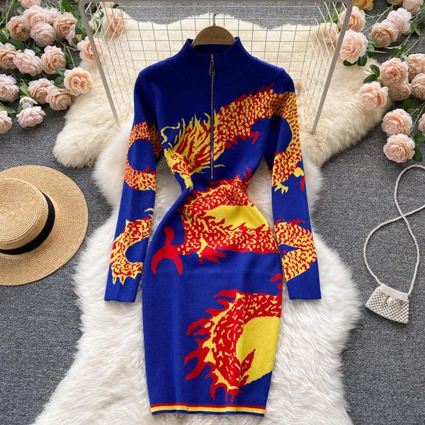 casual dresses singreiny women retro print knitted dress design zipper stand collar long sleeve slim autumn winter warm sweater, Black;gray 
casual dresses singreiny women retro print knitted dress design zipper stand collar long sleeve slim autumn winter warm sweater, Black;gray