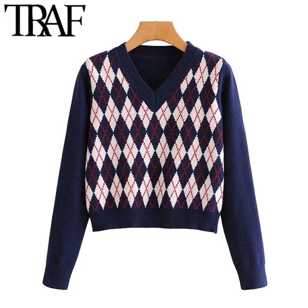 women fashion with argyle cropped knitted sweater vintage v neck long sleeve female pullovers chic 210507, White;black
women fashion with argyle cropped knitted sweater vintage v neck long sleeve female pullovers chic 210507, White;black