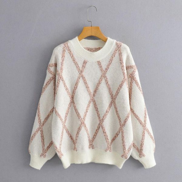 women's sweaters 2021autumn spring european american diamond plaid round neck pullover loose gentle temperament sweater prairie chic, White;black
women's sweaters 2021autumn spring european american diamond plaid round neck pullover loose gentle temperament sweater prairie chic, White;black