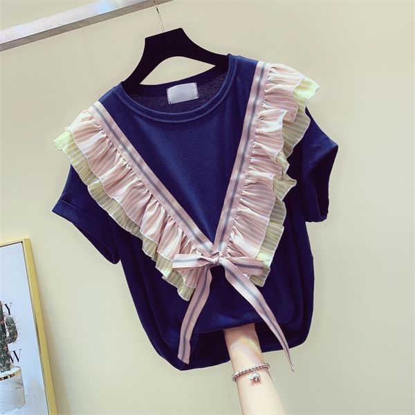 summer ruffle lace tie bow patchwork loose simple cotton short sleeve o neck t-shirt women's fashion 210421, White
summer ruffle lace tie bow patchwork loose simple cotton short sleeve o neck t-shirt women's fashion 210421, White