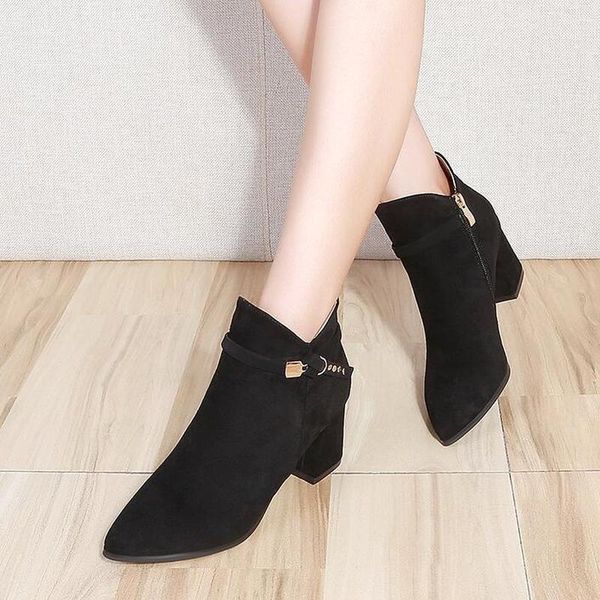 dress shoes women's high-heeled boots side zipper pointed thick ankle belt buckle wild, Black
dress shoes women's high-heeled boots side zipper pointed thick ankle belt buckle wild, Black