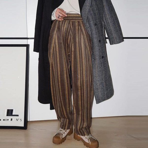 men's pants 2021 autumn fashionable thickened personalized striped woolen high waisted wide leg vintage korean style trousers, Black
men's pants 2021 autumn fashionable thickened personalized striped woolen high waisted wide leg vintage korean style trousers, Black