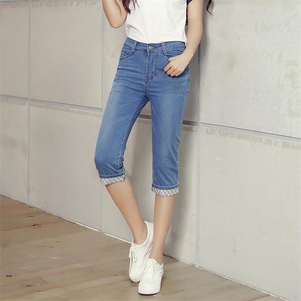 women summer thin elastic mid waist denim capris female roll up hem straight jeans dark blue and light women's
women summer thin elastic mid waist denim capris female roll up hem straight jeans dark blue and light women's