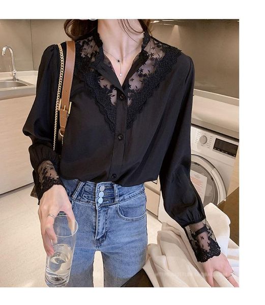 women's blouses & shirts lace bottoming shirt spring and autumn design sense niche style with foreign blouse chiffon stitching, White
women's blouses & shirts lace bottoming shirt spring and autumn design sense niche style with foreign blouse chiffon stitching, White
