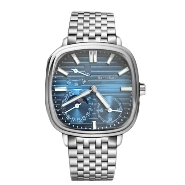 orologio di lusso mens watch power reserve manual mechanical movement moon phase blue texture dial stainless steel bracelet wristwatches 185, Slivery;brown
orologio di lusso mens watch power reserve manual mechanical movement moon phase blue texture dial stainless steel bracelet wristwatches 185, Slivery;brown