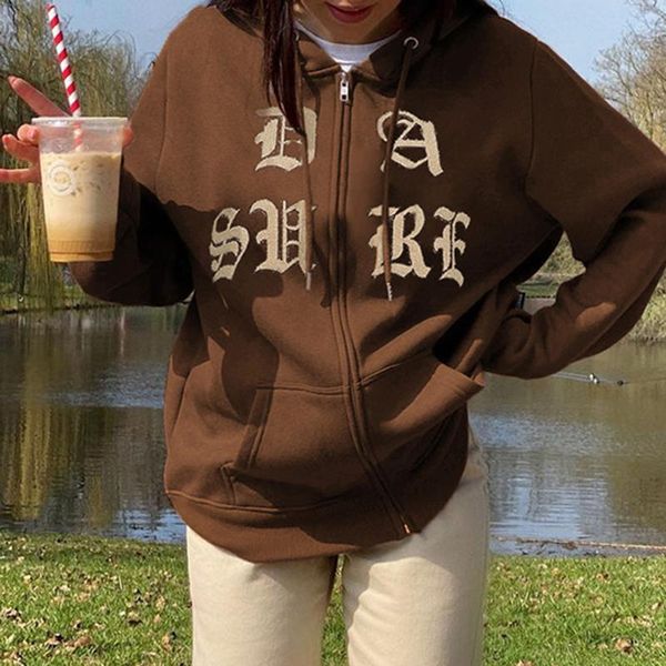 women's hoodies & sweatshirts harajuku letter print loose y2k grunge goth brown zipper with pockets women autumn casual jackets coat to, Black