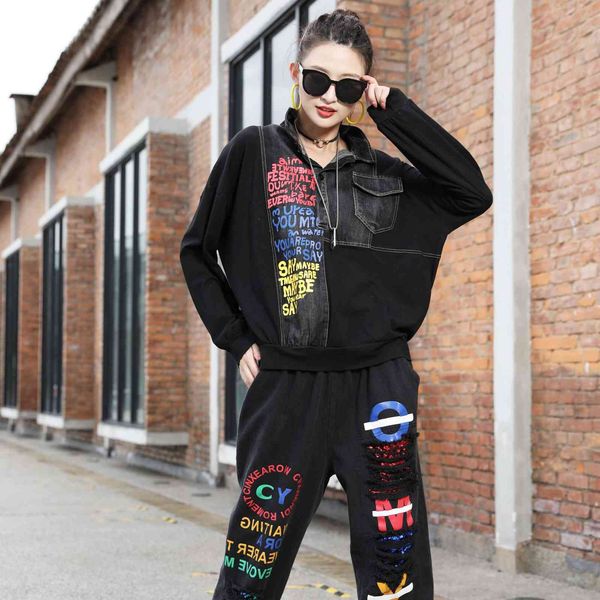 hoodies loose plus size lapel women autumn style korean street print denim stitching pullover ladies sweater, Black
hoodies loose plus size lapel women autumn style korean street print denim stitching pullover ladies sweater, Black