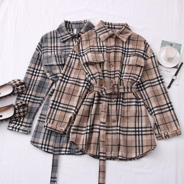 women's polos 2021 spring and autumn fashion all-match color matching plaid waist tie woolen single-breasted mid-length shirt women, White
women's polos 2021 spring and autumn fashion all-match color matching plaid waist tie woolen single-breasted mid-length shirt women, White