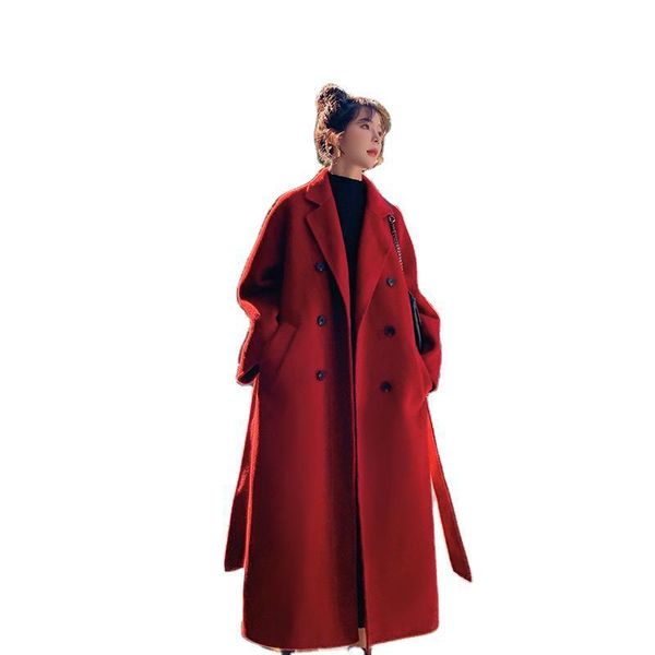 women's wool & blends red woolen coat mid-length korean style autumn and winter over-the-knee loose temperament thick, Black
women's wool & blends red woolen coat mid-length korean style autumn and winter over-the-knee loose temperament thick, Black