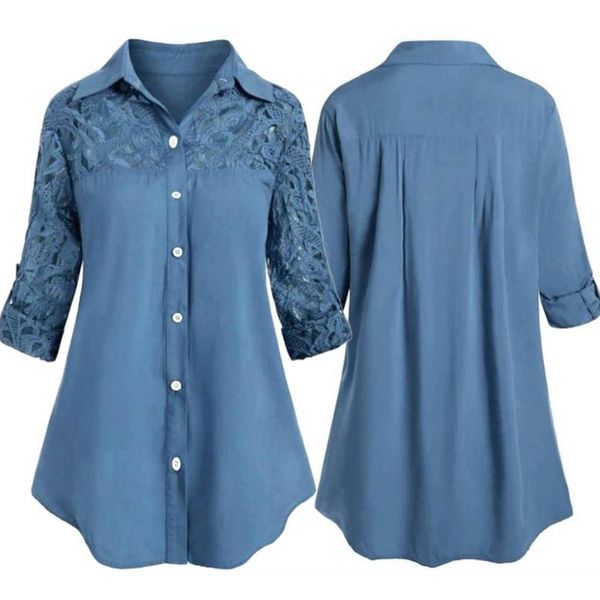 women solid color lapel long sleeve lace panel single breasted ol commuting shirt plus size women's blouses & shirts, White
women solid color lapel long sleeve lace panel single breasted ol commuting shirt plus size women's blouses & shirts, White