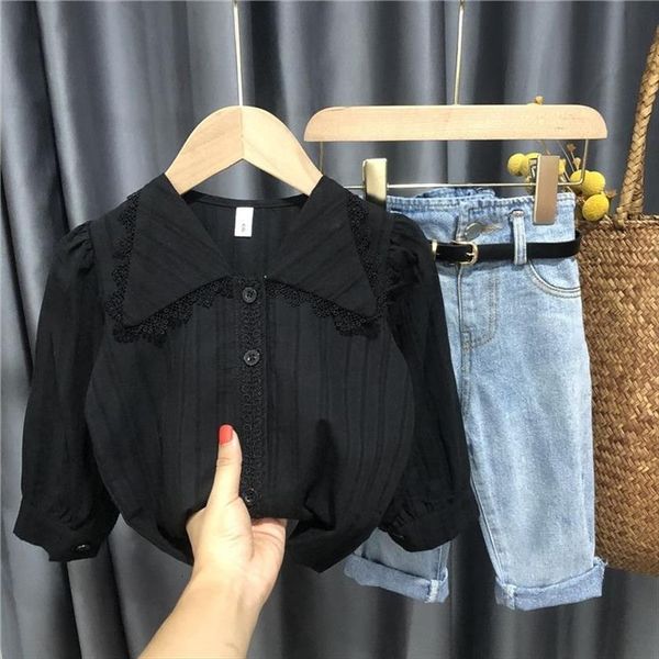 spring kids girls clothes suit children long sleeve shirt high waist jeans belt baby girl clothing set lapel lace blouse, White;black
spring kids girls clothes suit children long sleeve shirt high waist jeans belt baby girl clothing set lapel lace blouse, White;black