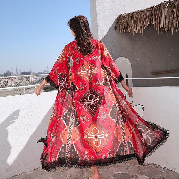 women's swimwear bohemian red lace stitching sunscreen cardigan mid-length long beach jacket outside the sea swimsuit blouse, White;black
women's swimwear bohemian red lace stitching sunscreen cardigan mid-length long beach jacket outside the sea swimsuit blouse, White;black