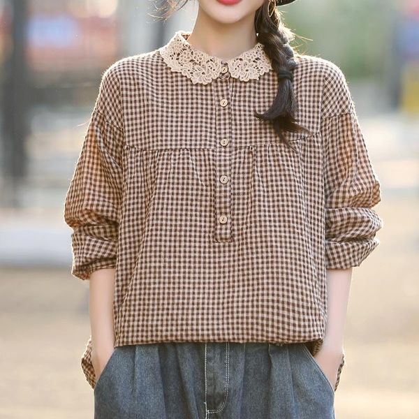 women's blouses & shirts 2021 autumn women fashion lace crochet turn-down collar plaid floral blouse buttons vintage casual loose retro, White
women's blouses & shirts 2021 autumn women fashion lace crochet turn-down collar plaid floral blouse buttons vintage casual loose retro, White