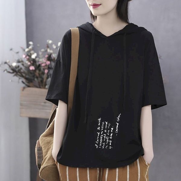 women's hoodies & sweatshirts summer short sleeve 100% cotton short-sleeved hooded t-shirt literary retro loose casual printing xu, Black
women's hoodies & sweatshirts summer short sleeve 100% cotton short-sleeved hooded t-shirt literary retro loose casual printing xu, Black