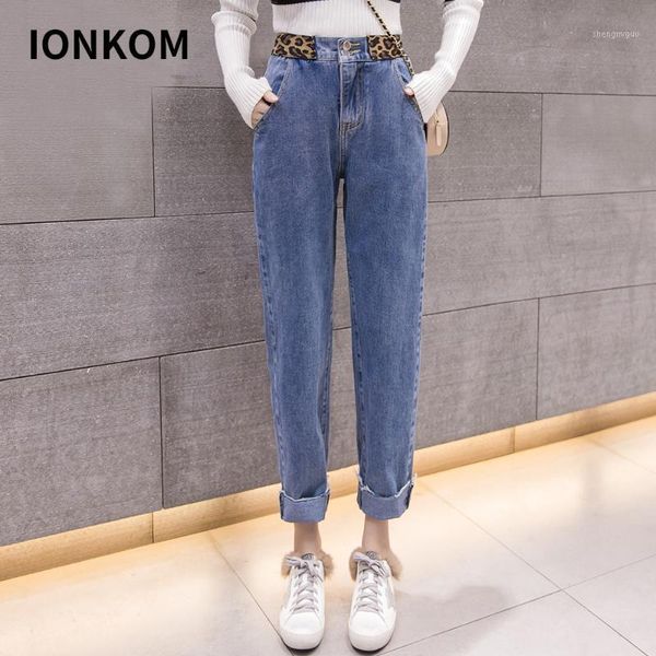 women's jeans ionkom contrast leopard high waist pants button crimping for womens tapered carrot loose casual, Blue
women's jeans ionkom contrast leopard high waist pants button crimping for womens tapered carrot loose casual, Blue