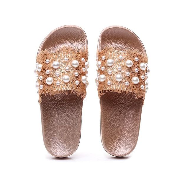 slippers summer 2021 designer comfortable lace-and-pearl flip-flops, Black