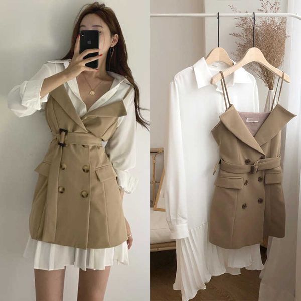 white turn down collar pleated shirts dress women elegant chic double breasted spaghetti strap dress casual matching sets retro 210610
white turn down collar pleated shirts dress women elegant chic double breasted spaghetti strap dress casual matching sets retro 210610