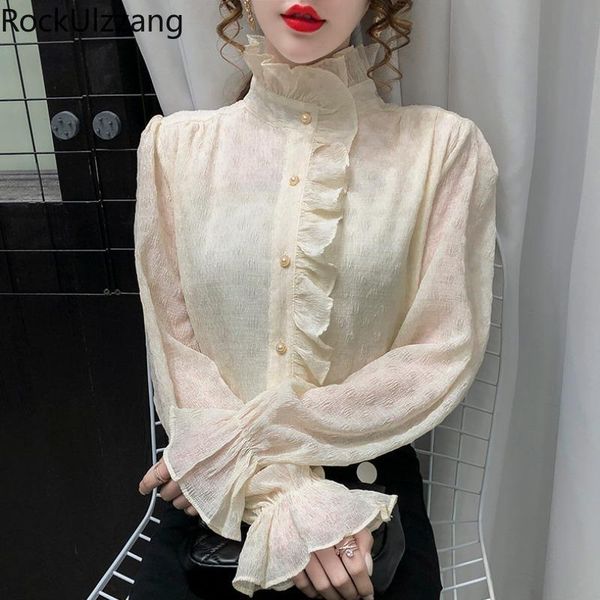 women's blouses & shirts long sleeve high neck pearls button up ruffle chiffon shirt office work ladies elegant casual fashion blouse f, White 
women's blouses & shirts long sleeve high neck pearls button up ruffle chiffon shirt office work ladies elegant casual fashion blouse f, White