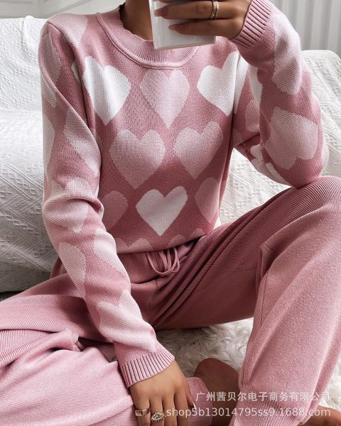 women's two piece pants spot 2021 love round neck warm sweater suit women, White
women's two piece pants spot 2021 love round neck warm sweater suit women, White