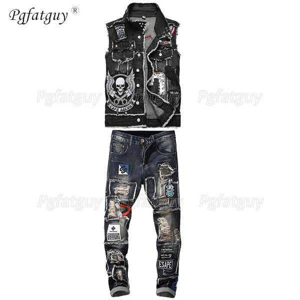 men's tracksuits embroidered motorcycle sets washed black skull denim vest + retro blue ripped patch stretch jeans 2pcs set male clothi, Gray
men's tracksuits embroidered motorcycle sets washed black skull denim vest + retro blue ripped patch stretch jeans 2pcs set male clothi, Gray