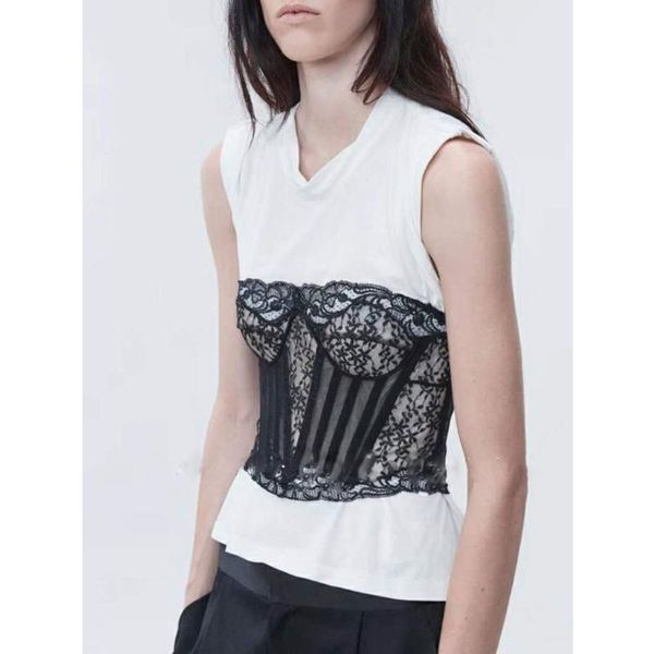 women's t-shirt heavy craft contrast color stitching lace tube waist seal fake two ladies summer personality wild, White
women's t-shirt heavy craft contrast color stitching lace tube waist seal fake two ladies summer personality wild, White