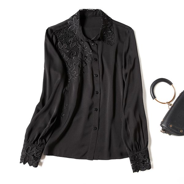 women's blouses & shirts spring long sleeve lapel neck black pure color natural real silk embroidery single-breasted soie blouse elegan, White
women's blouses & shirts spring long sleeve lapel neck black pure color natural real silk embroidery single-breasted soie blouse elegan, White
