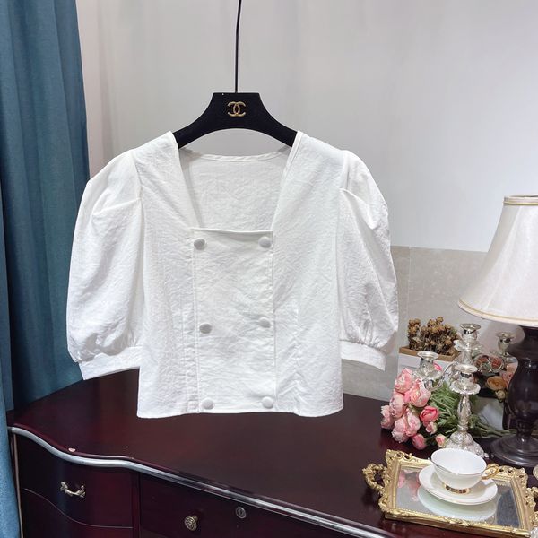 2021 summer solid colour square collar blusas puff sleeve short shirt womens korean style double-breasted blouse for women, White
2021 summer solid colour square collar blusas puff sleeve short shirt womens korean style double-breasted blouse for women, White