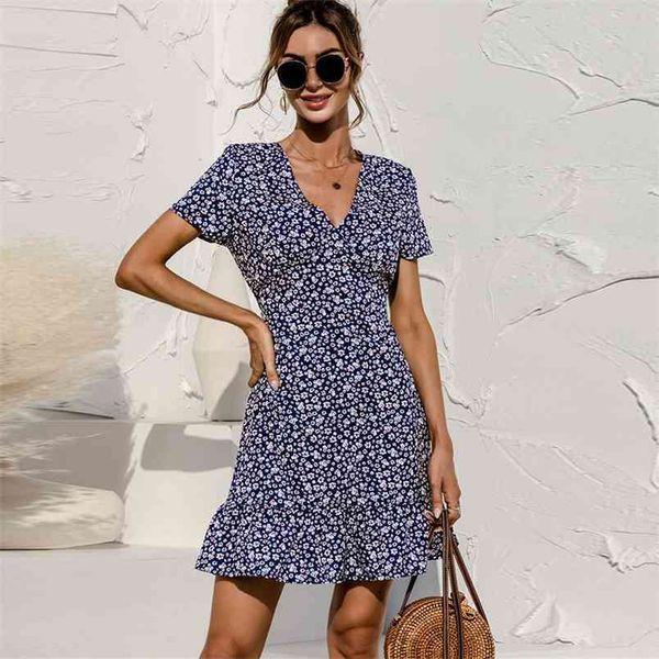 

v-neck short sleeve floral print mini dress women summer casual slim ruffles high waist red beach sundress vestidos female 210522, Black;gray