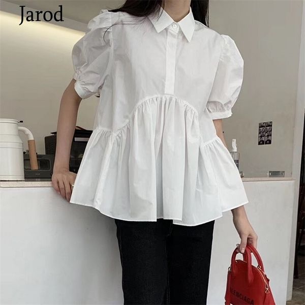 korean fashion solid puff sleeve blouse women pleated hem design summer clothing simple white laides 210519
korean fashion solid puff sleeve blouse women pleated hem design summer clothing simple white laides 210519