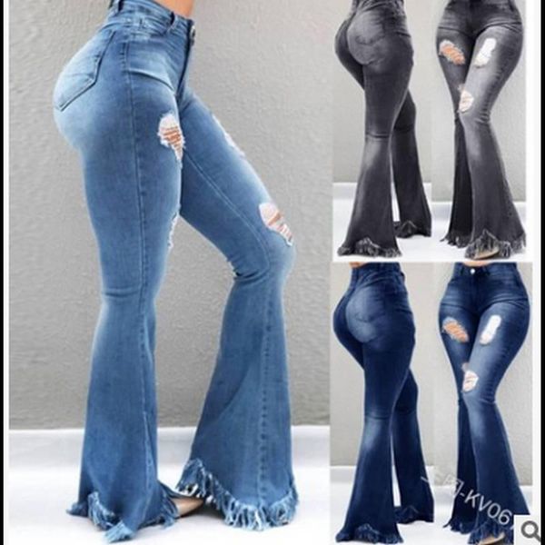 women's jeans europe and the united states fashion versatile slim wide leg wash hole high waist denim fringe flared pants, Blue
women's jeans europe and the united states fashion versatile slim wide leg wash hole high waist denim fringe flared pants, Blue