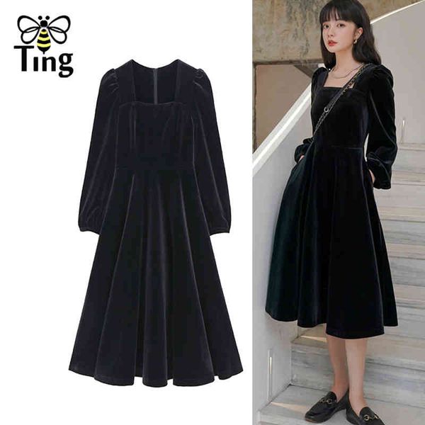 france street chic vintage square collar soft girl a line black velvet dress elegant lantern sleeve winter elbise 210513, Black;gray
france street chic vintage square collar soft girl a line black velvet dress elegant lantern sleeve winter elbise 210513, Black;gray