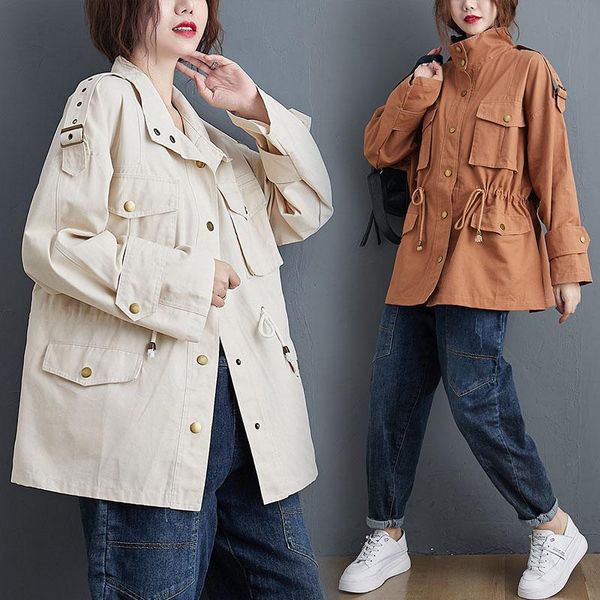 women's trench coats 2021 women spring fall loose vintage drawstring mid-length outer wear ladies solid color casual coat street windbr, Tan;black
women's trench coats 2021 women spring fall loose vintage drawstring mid-length outer wear ladies solid color casual coat street windbr, Tan;black