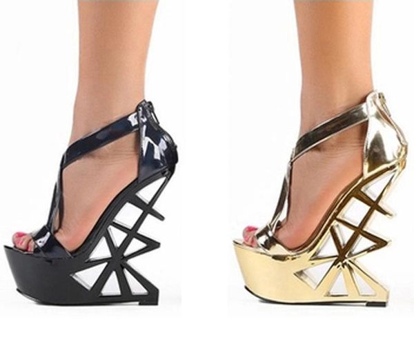 summer ladies triangle fretwork strange high heels sandals open toe platform t-strap shiny leather singer stage sandal, Black
summer ladies triangle fretwork strange high heels sandals open toe platform t-strap shiny leather singer stage sandal, Black