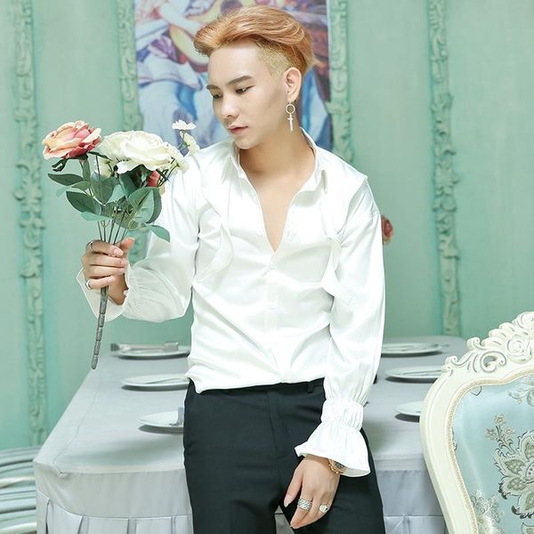 xs-6xl 2021 men's clothing stylist catwalk simple pure color dress shirt with lotus leaf sleeve plus size singer costumes casual shirt, White;black
xs-6xl 2021 men's clothing stylist catwalk simple pure color dress shirt with lotus leaf sleeve plus size singer costumes casual shirt, White;black