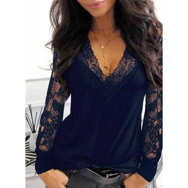 women's t-shirt ladies lace stitching deep v-neck perspective long-sleeve pullover plus size spring/autumn t shirts for woman ux44, White
women's t-shirt ladies lace stitching deep v-neck perspective long-sleeve pullover plus size spring/autumn t shirts for woman ux44, White