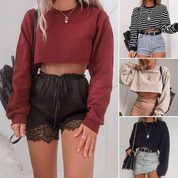 women's t-shirt fashion women crop loose short long sleeved o-neck shirts tee, White
women's t-shirt fashion women crop loose short long sleeved o-neck shirts tee, White