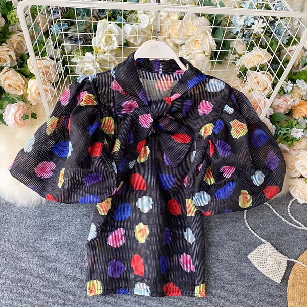 women's blouses & shirts hisuma spring female bow flower print puff sleeve chiffon shirt chic women fairy, White 
women's blouses & shirts hisuma spring female bow flower print puff sleeve chiffon shirt chic women fairy, White