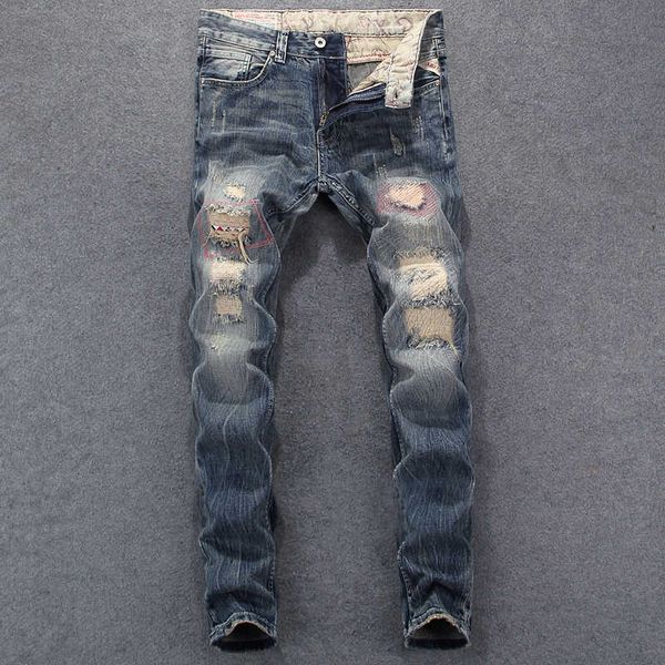 men's jeans italian vintage fashion retro wash slim fit ripped men patchwork designer pants streetwear hip hop homme g7ay l1pj, Blue
men's jeans italian vintage fashion retro wash slim fit ripped men patchwork designer pants streetwear hip hop homme g7ay l1pj, Blue