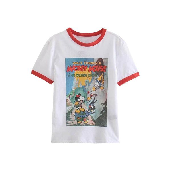 women's t-shirt 2021 spring and summer round neck casual cartoon mouse print color matching loose short-sleeved women, White
women's t-shirt 2021 spring and summer round neck casual cartoon mouse print color matching loose short-sleeved women, White