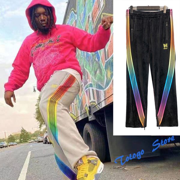 rainbow gradient stripes velvet needles sweatpants men women butterfly embroidered track pants awge striped webbing trousers, Black
rainbow gradient stripes velvet needles sweatpants men women butterfly embroidered track pants awge striped webbing trousers, Black