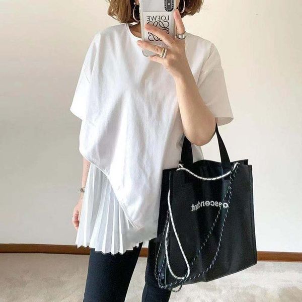 new summer solid pleated patchwork loose o neck shirt women 210421, White 
new summer solid pleated patchwork loose o neck shirt women 210421, White