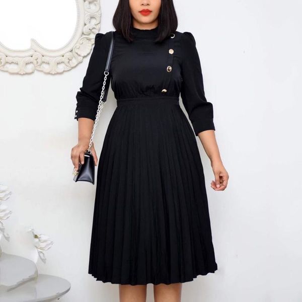 african ladies work dress black pleated three quarters high waist mid calf button elegant office business robe femme midi casual dresses, Black;gray
african ladies work dress black pleated three quarters high waist mid calf button elegant office business robe femme midi casual dresses, Black;gray