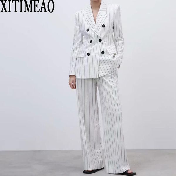 women fashion white double breasted blazers coat vintage stripe long sleeves outerwear and high waist casual pants set women's suits &, White;black
women fashion white double breasted blazers coat vintage stripe long sleeves outerwear and high waist casual pants set women's suits &, White;black