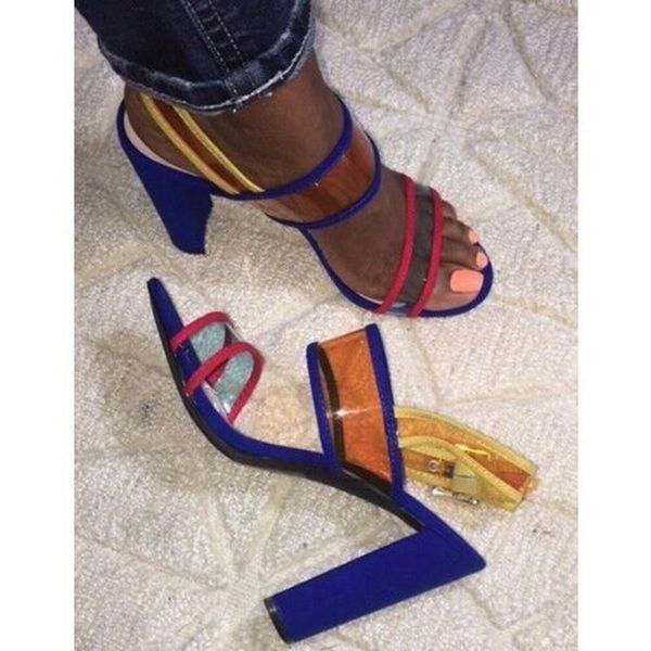women sandals mix color transparents pvc chunky heels buckle strap blue party stiletto gladiator pumps, Black
women sandals mix color transparents pvc chunky heels buckle strap blue party stiletto gladiator pumps, Black