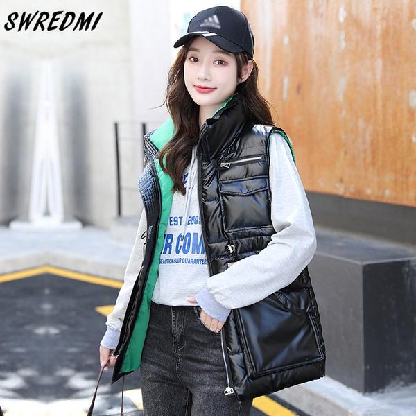women's vests swredmi waterproof warm cotton vest women slim glossy fashion mandarin collar short waistcoat drawstring sleeveless jacke, Black;white 
women's vests swredmi waterproof warm cotton vest women slim glossy fashion mandarin collar short waistcoat drawstring sleeveless jacke, Black;white