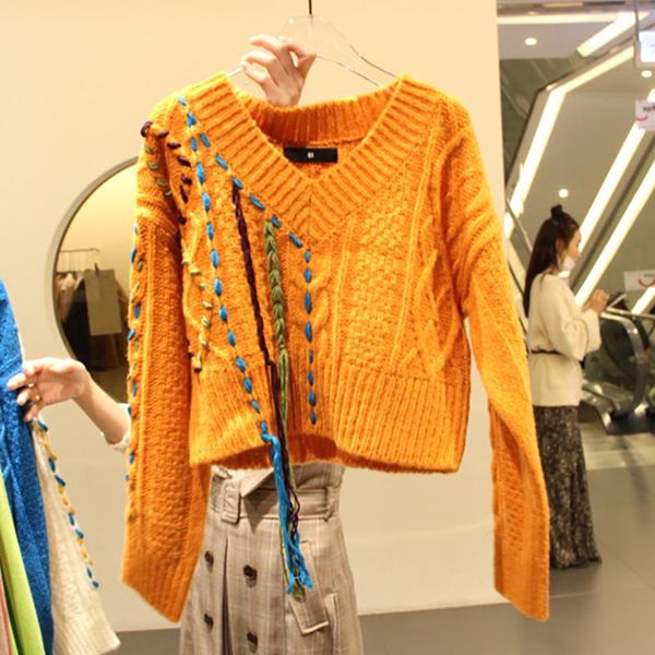 women's sweaters autumn winter v-neck tassels hook sweater contrast color pullover women loose knit cross lace up bandage crop sueter, White;black
women's sweaters autumn winter v-neck tassels hook sweater contrast color pullover women loose knit cross lace up bandage crop sueter, White;black