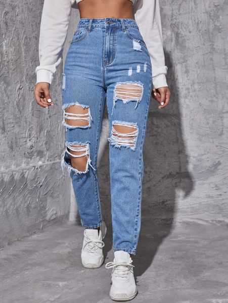 high waist ripped frayed tapered jeans m5nj#, Blue
