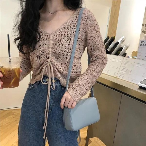 fashion lace-up hollow out long sleeve knitted women loose short knitwear pullover summer solid drawstring v-neck women's t-shirt, White
fashion lace-up hollow out long sleeve knitted women loose short knitwear pullover summer solid drawstring v-neck women's t-shirt, White