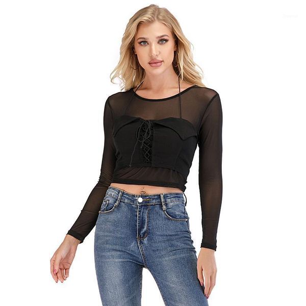 women's t-shirt women see through crop ladies long sleeve o-neck female t shirt, White
women's t-shirt women see through crop ladies long sleeve o-neck female t shirt, White